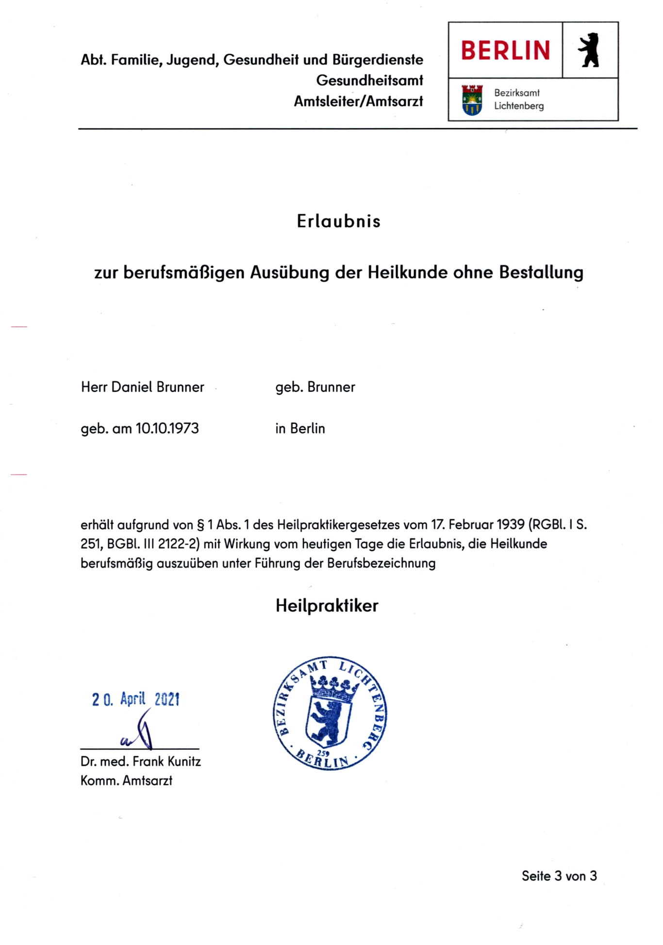 Naturheilpraxis Daniel Brunner Berlin, HP Brunner, Heilerlaubnis