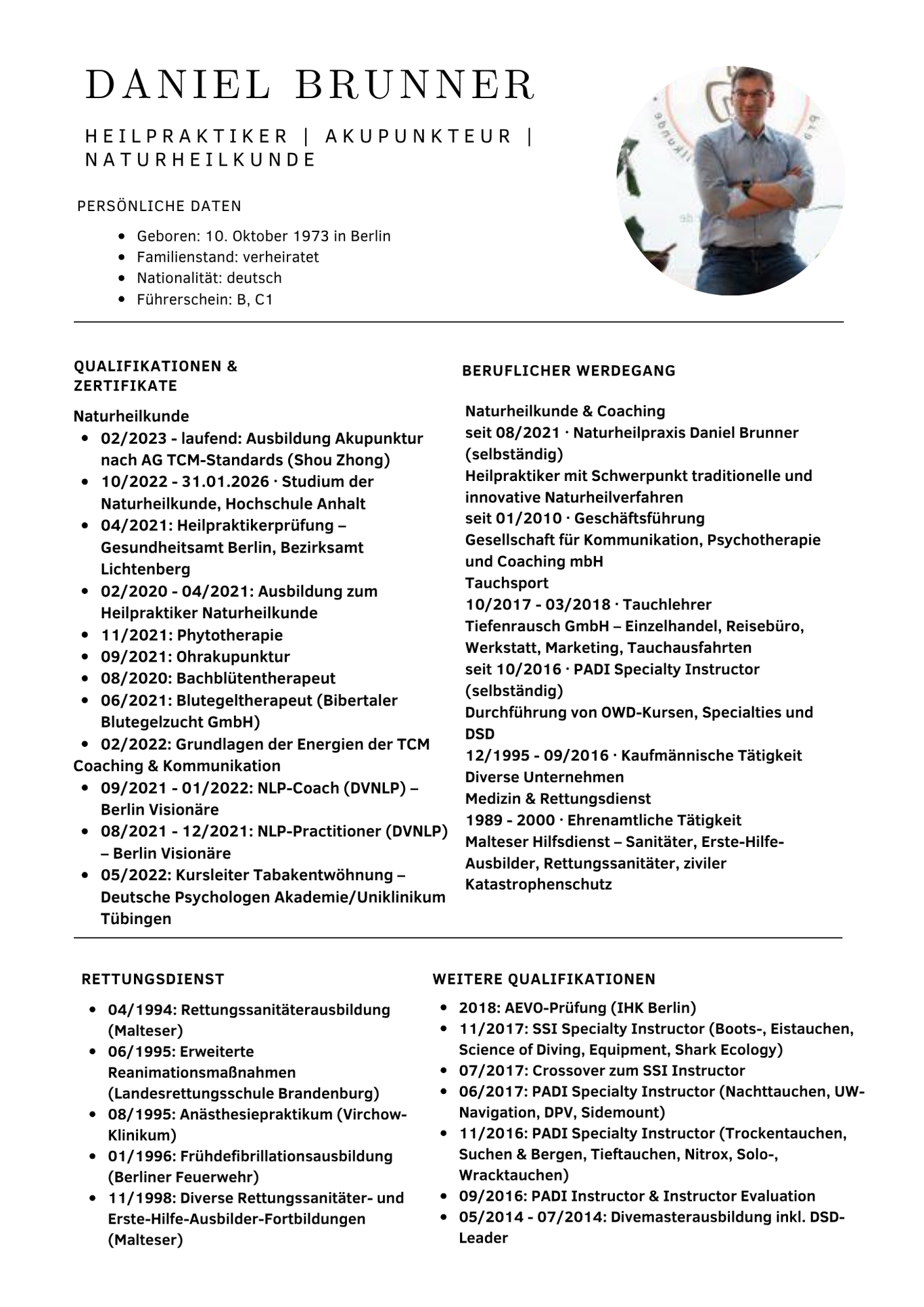 HP Brunner, Daniel Brunner, Heilpraktiker, Akupunkteur, Vita