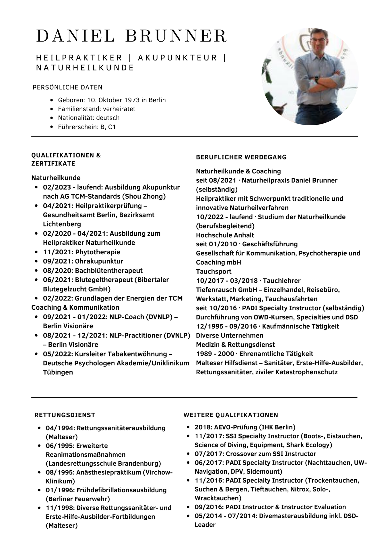 HP Brunner, Daniel Brunner, Heilpraktiker, Akupunkteur, Vita