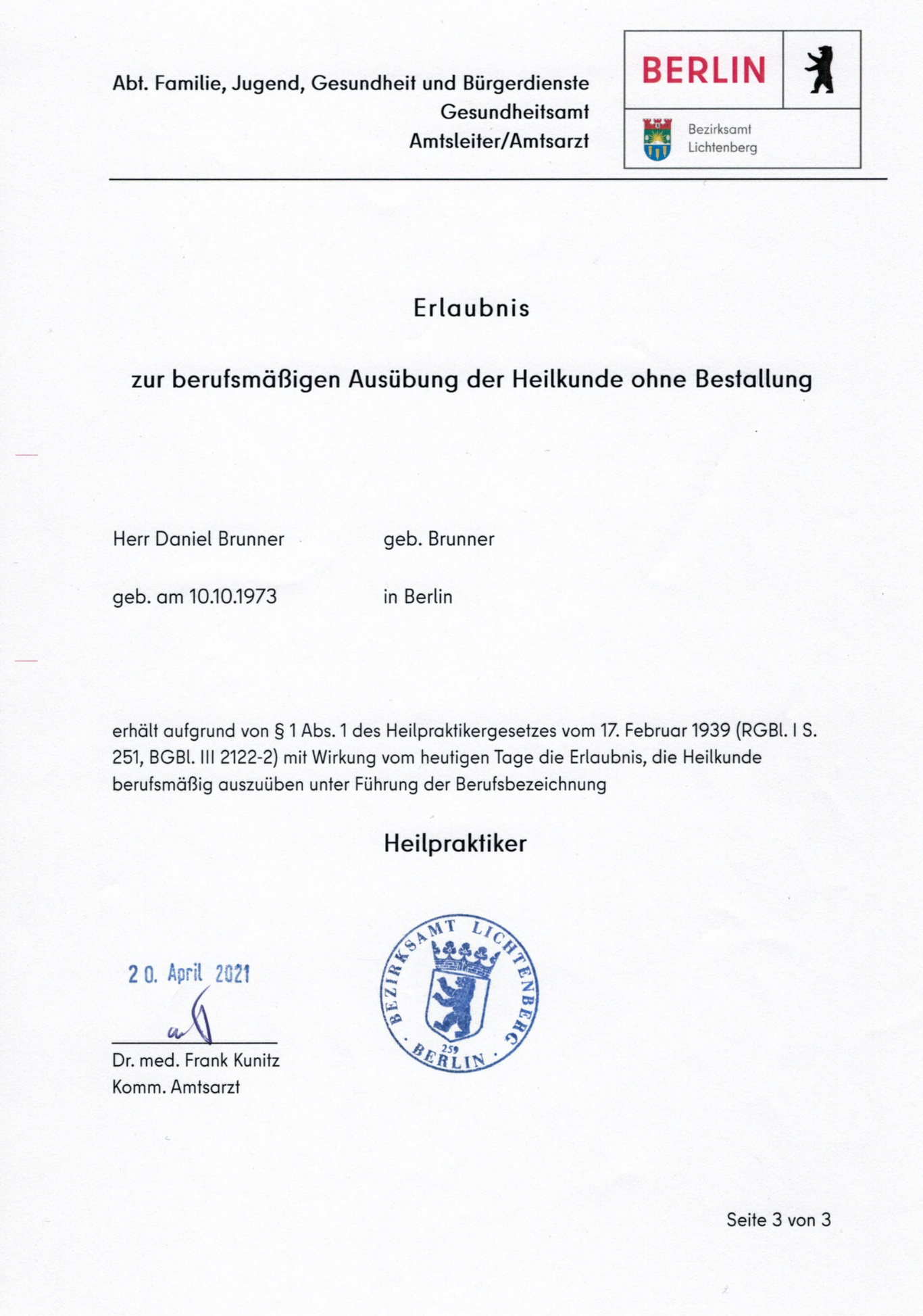Naturheilpraxis Daniel Brunner Berlin, HP Brunner, Heilerlaubnis